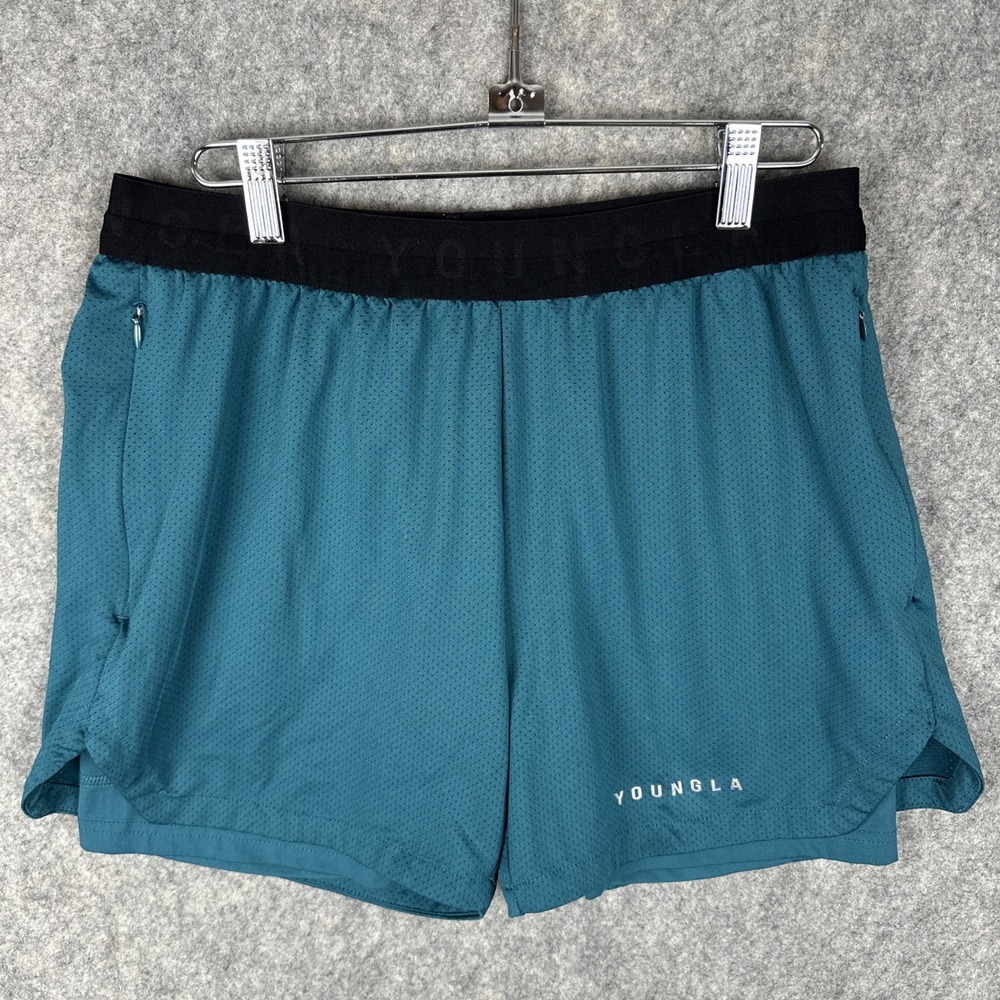 YoungLA Gym Shorts Mens S Blue/Green Compression Lined Athletic Running Shorts